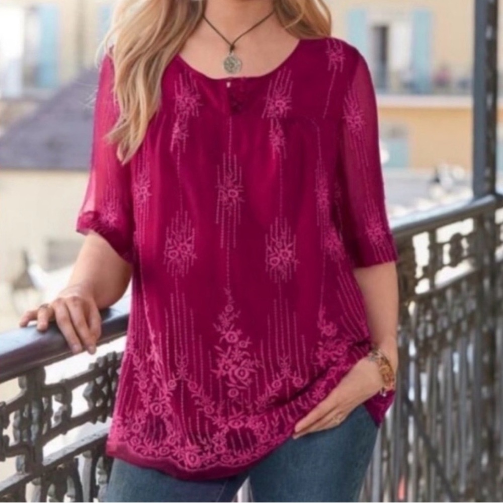 Sundance Cora Floral embroidered Tunic Top ~ Wineberry Magenta Pink - L